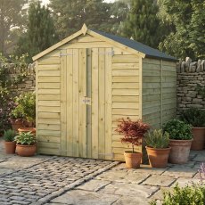 Mercia 8x6 overlap apex wooden shed in paved garden setting