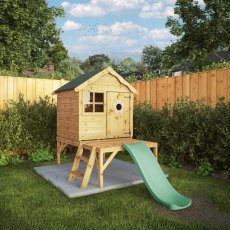 4x4 Mercia Snug Tower Playhouse With Slide - in situ, angle view