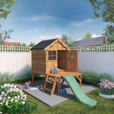 4x4 Mercia Snug Tower Playhouse With Slide - in situ, angle view, doors open