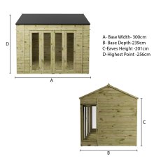 Technical elevation diagram of Mercia Vermont 10x8 summerhouse with dimensions