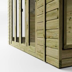 Close-up of Mercia Vermont summerhouse side showing timber cladding and window detail