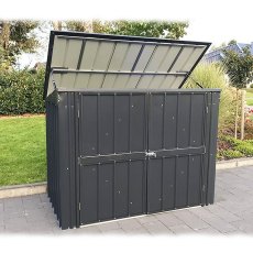 6 x 3 Lotus Metal Double Bin Store in Anthracite Grey showing hydraulic, easy open lid open