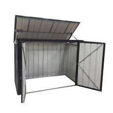 Isolated view of 6 x 3 Lotus Metal Double Bin Store in Anthracite Grey with doors and lid open