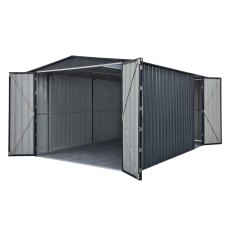 10 X 15 Globel Lotus Apex Metal Garage In Grey - isolated angle view, doors open