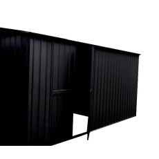 Three quarter view of 10 x 15 Lotus Apex Metal Workshop in Anthracite Grey with open door