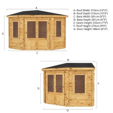 3m x 3m Mercia Corner Log Cabin (28mm to 44mm Logs) - Dimensions