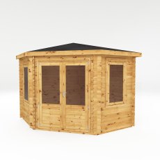3m x 3m Mercia Corner Log Cabin (28mm to 44mm Logs) - White Background, Doors Closed