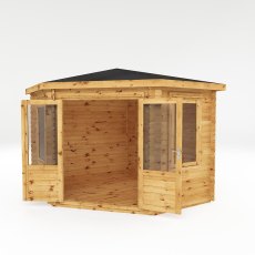 3m x 3m Mercia Corner Log Cabin (28mm to 44mm Logs) - White Background, Doors Open