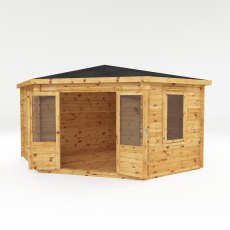 4m x4m Mercia Corner Log Cabin (28mm to 44mm Logs) - White Background, Doors Open