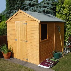 Three quarter view of 8 x 6 Shire Durham Shiplap Pressure Treated Shed with doors closed