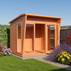8x6 Shire Highclere Summerhouse - in situ, angle view, doors open no furniture