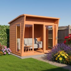 8x6 Shire Highclere Summerhouse - in situ, angle view, doors open