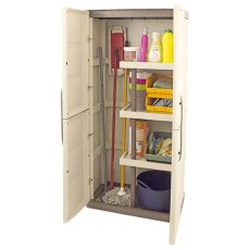2 x 1 Shire Large Plastic Storage Cupboard with Shelves and Broom Storage with contents