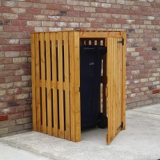 3 x 3 Shire Single Wheelie Bin Store - in situ, angle view, doors open