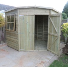 8 x 8 Shire Tongue and Groove Corner Shed - Pressure Treated - front elevation with one door open