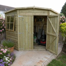 8 x 8 Shire Tongue and Groove Corner Shed - Pressure Treated - in situ, doors open