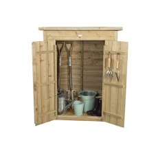 Double door pent roof garden store with partially open doors and garden tools stored inside