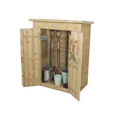 Open double door pent garden store showing spacious timber interior with gardening equipment inside