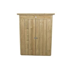 Front view of closed double door wooden pent garden storage unit with central handles