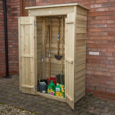 Forest Pent Tall Garden Store 3x2 with doors open showing garden tool storage