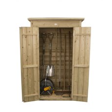 Forest Pent Tall Garden Store 3x2 open front view with long-handled garden tools inside