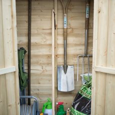 Interior of Forest Pent Tall Garden Store 3x2 with hanging garden tools and storage space