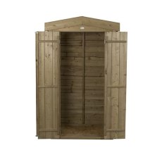 Front view of Apex tall wooden garden store with door open displaying internal storage space