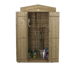 Open Apex tall pressure treated garden store showing spacious timber interior and storage area