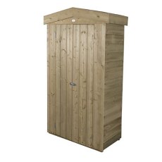 Side angle view of Apex tall pressure treated garden storage unit with single door closed