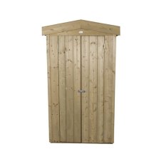 Front elevation of Apex tall timber garden storage cupboard with apex roof and closed door