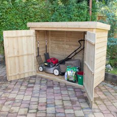 Forest Large Pent Outdoor Store Pressure Treated with doors open storing lawnmower and garden tools