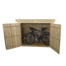 Forest Large Pent Outdoor Store Pressure Treated with doors open showing bicycle storage space