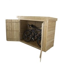 Angled view of Forest Large Pent Outdoor Store Pressure Treated with bicycles stored inside