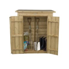 Front view of Forest Shiplap Pent Garden Store 3x2 with doors open and garden tools stored inside