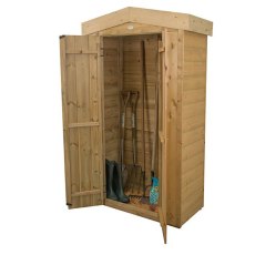 Forest Shiplap Apex Tall Garden Store 3x2 open with long-handled tools stored inside
