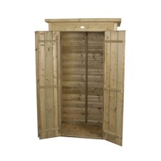 Open pent roof wooden garden store showing spacious internal storage area and timber interior