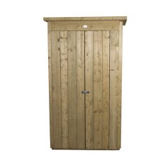 Front view of pent roof pressure treated garden storage cupboard with single door closed