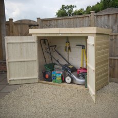 Forest Shiplap Pent Large Outdoor Store 6x3 with doors open showing garden tool storage