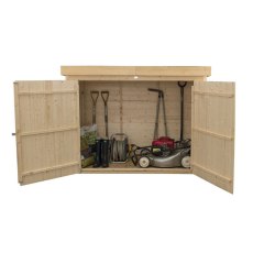 Forest Shiplap Pent Large Outdoor Store 6x3 open front view with garden equipment inside