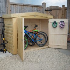 Forest Shiplap Apex Large Outdoor Store 6x3 with doors open storing bicycles and garden tools