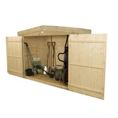 Forest Shiplap Apex Large Outdoor Store 6x3 open front view with garden equipment inside