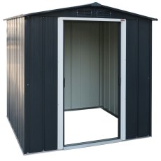 6x6 Sapphire Apex Metal Shed in Anthracite Grey - angled view with doors open