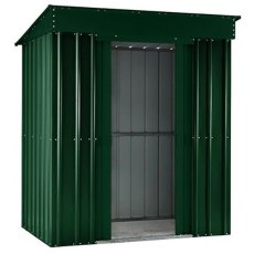 Isolated view of 5 x 3 Lotus Pent Metal Shed in Heritage Green with sliding doors open