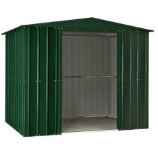 Isolated view of 8 x 3 Lotus Apex Metal Shed in Heritage Green with sliding doors open