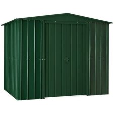 Isolated view of 8 x 5 Lotus Apex Metal Shed in Heritage Green with sliding doors closed