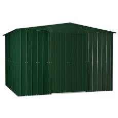 Isolated view of 10 x 8 Lotus Apex Metal Shed in Heritage Green with sliding doors closed