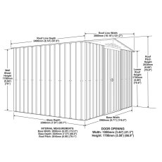 10 x 8 Globel Apex Metal Shed In Green - dimensions