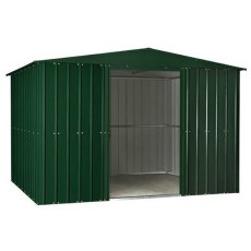 Isolated view of 10 x 8 Lotus Apex Metal Shed in Heritage Green with sliding doors open