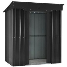 Isolated view of 6 x 3 Lotus Pent Metal Shed in Anthracite Grey with sliding doors open