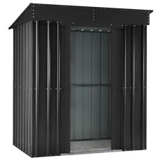Isolated view of 8 x 4 Lotus Pent Metal Shed in Anthracite Grey with sliding doors open